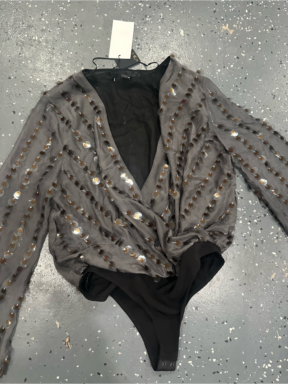 Zara Gray Sequin Wrap-Front Bodysuit